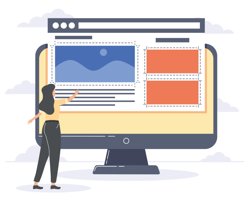 Woman designer pointing to image. Alt text definition. 