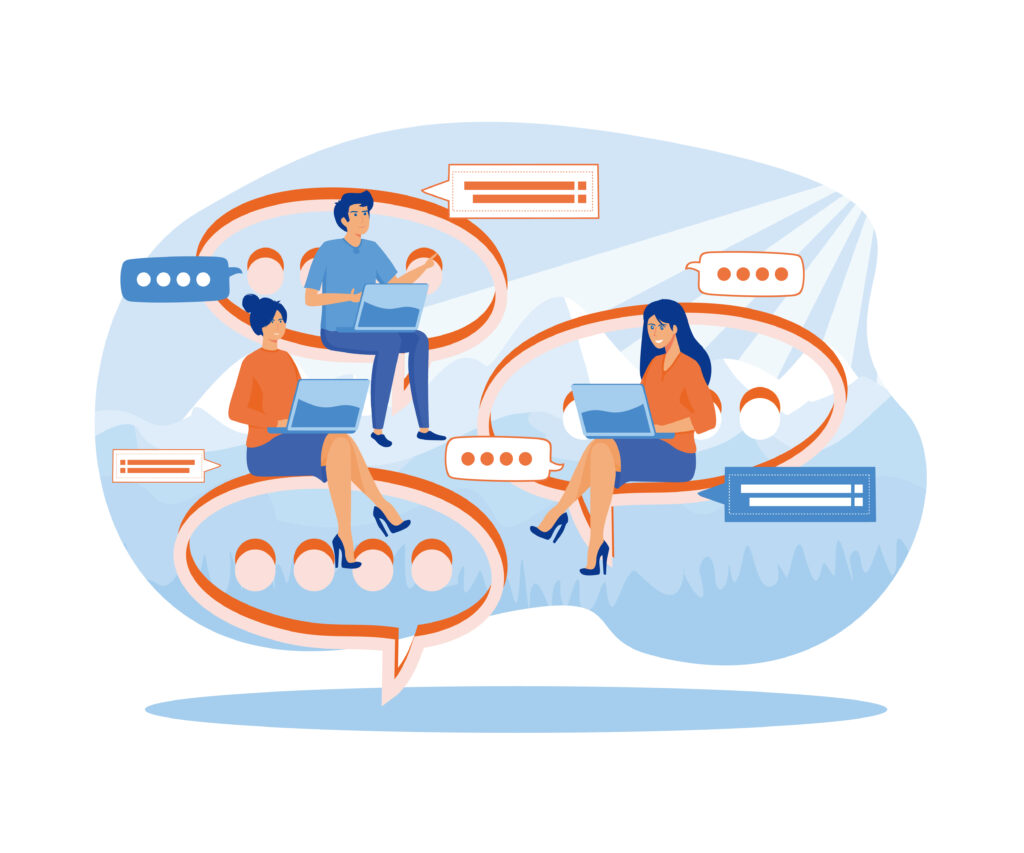 A group of people communicates through the Internet social networks, the concept of asynchronous communication, discussing business, news. flat vector modern illustration