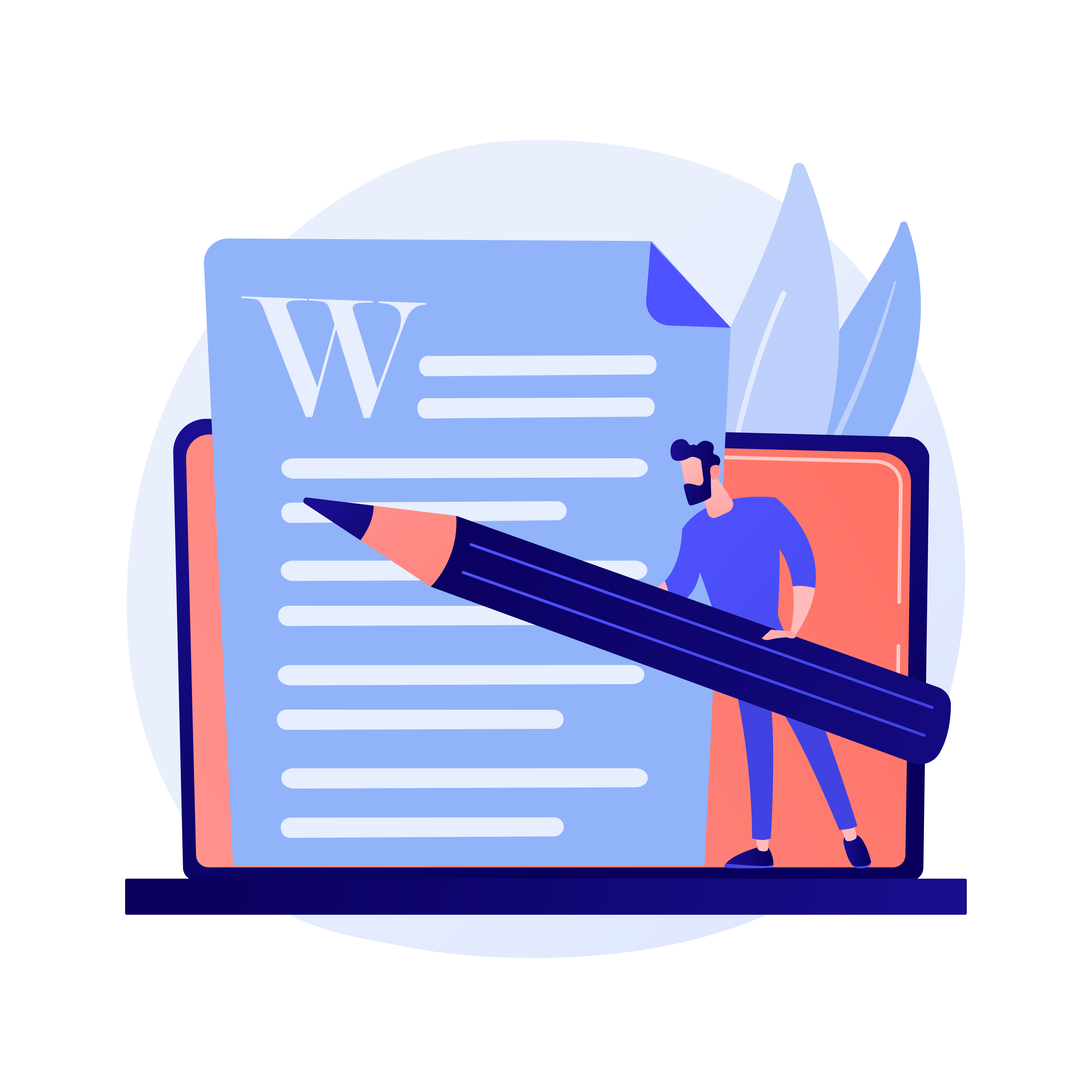 Vector of man holding pencil toward Word document. 