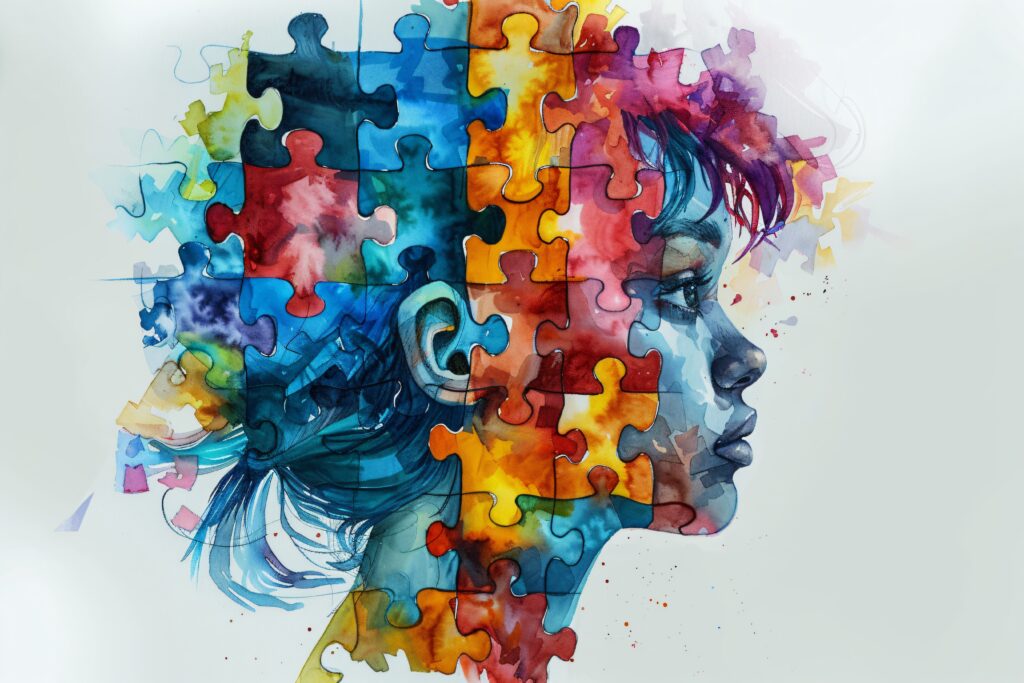 Artistic rendering of girl with colurful head designed as puzzle pieces. 