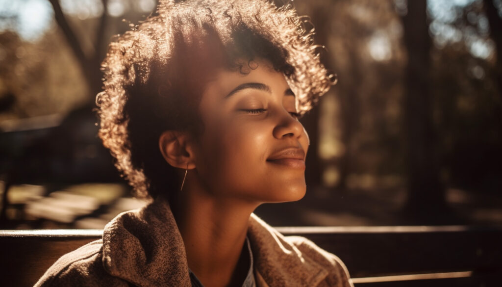 Young woman smiling in nature at sunset, as if reflecting or meditating.