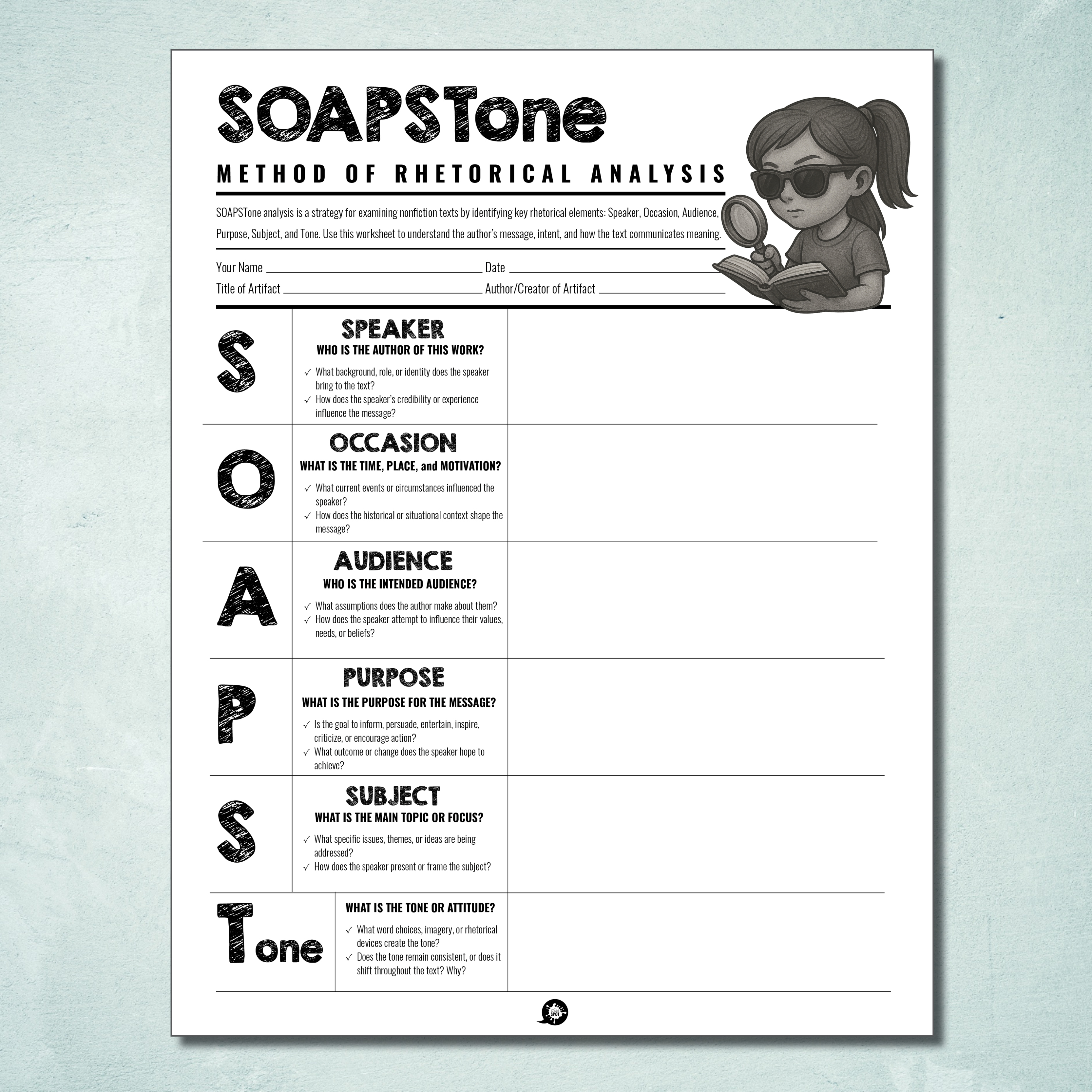 SOAPSTone Analysis Worksheet [DIGITAL DOWNLOAD]